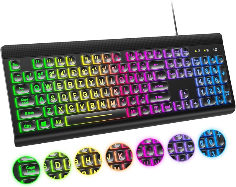 Atelus Large Print Backlit Keyboard, USB Wired Computer Keyboard, Full Size Keyboard with Rainbow Illuminated LED Compatible for Windows Desktop, Laptop, PC, Gaming, Black - Image 1